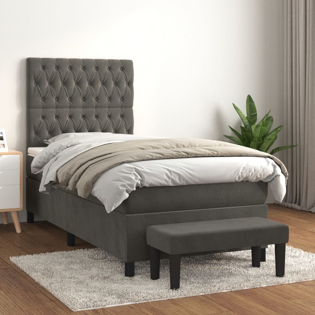 vidaXL Pat box spring cu saltea, gri închis, 90x190 cm, catifea