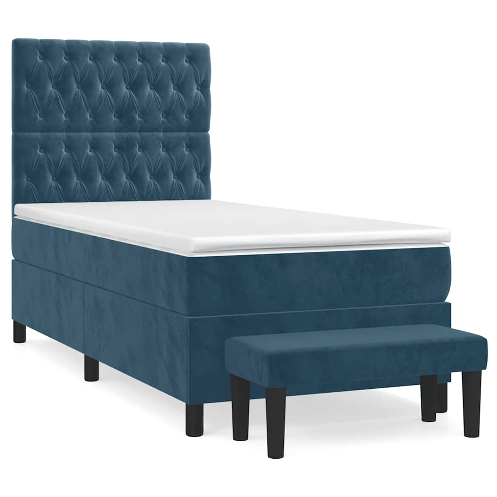 vidaXL Pat box spring cu saltea, albastru închis, 90x200 cm, catifea