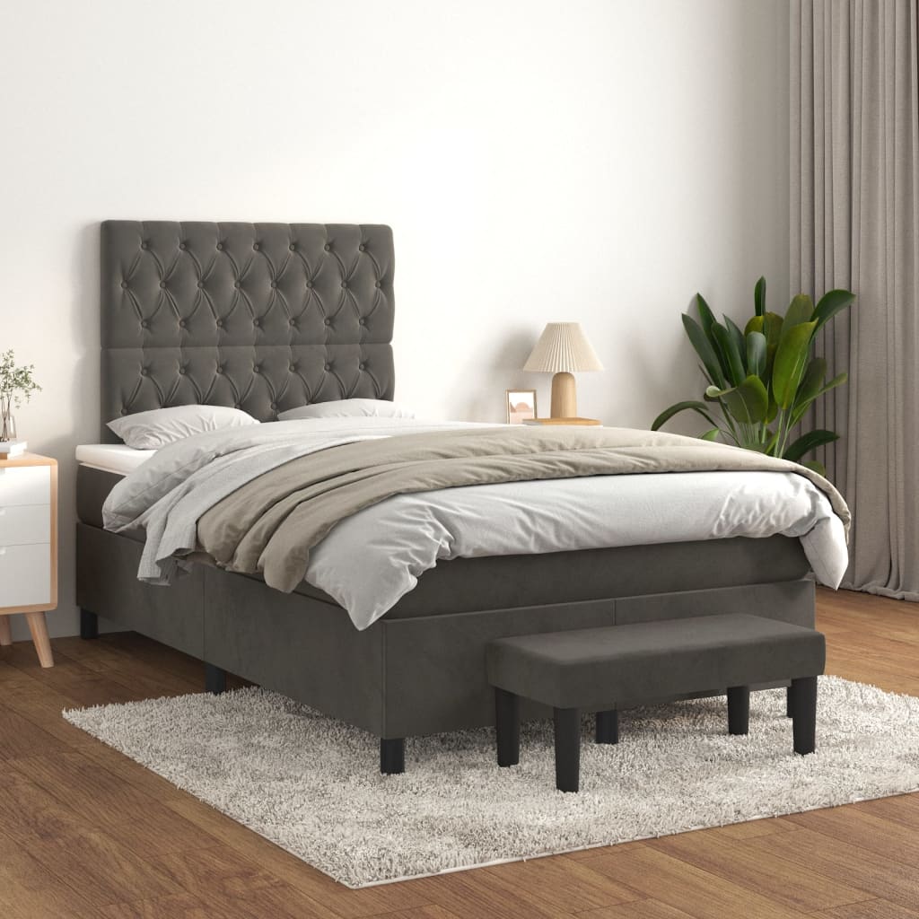 Sötétszürke bársony rugós ágy matraccal 120 x 200 cm 