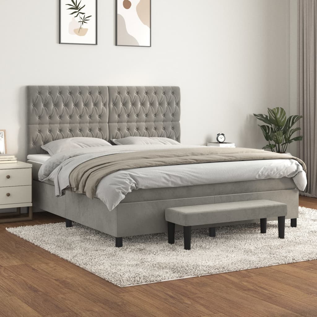 vidaXL Pat box spring cu saltea, gri deschis, 180x200 cm, catifea