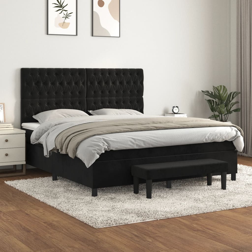 vidaXL Pat box spring cu saltea, negru, 180x200 cm, catifea