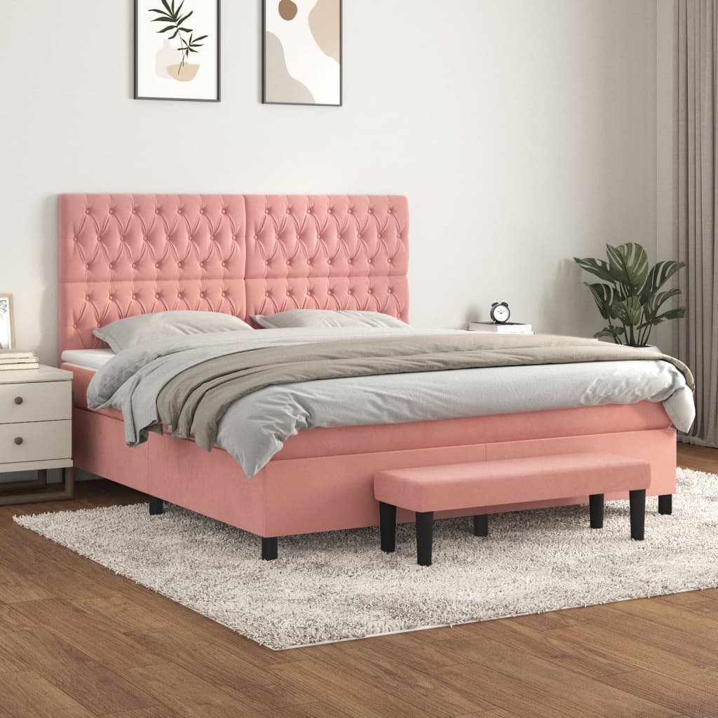 vidaXL Pat box spring cu saltea, roz, 180x200 cm, catifea