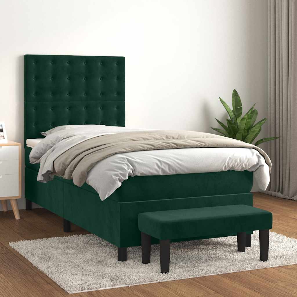 Kontinentalseng 90 x 190 cm i fløjl - mørkegrøn med madras og bænk