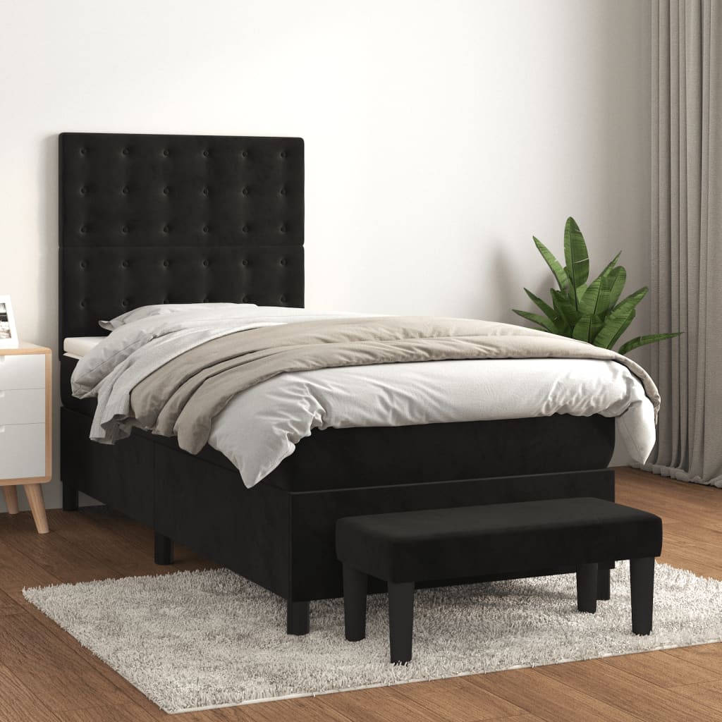 vidaXL Pat box spring cu saltea, negru, 100x200 cm, catifea