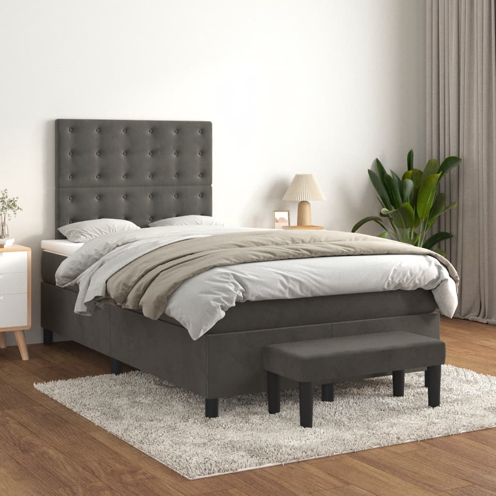 vidaXL Pat box spring cu saltea, gri închis, 120x200 cm, catifea