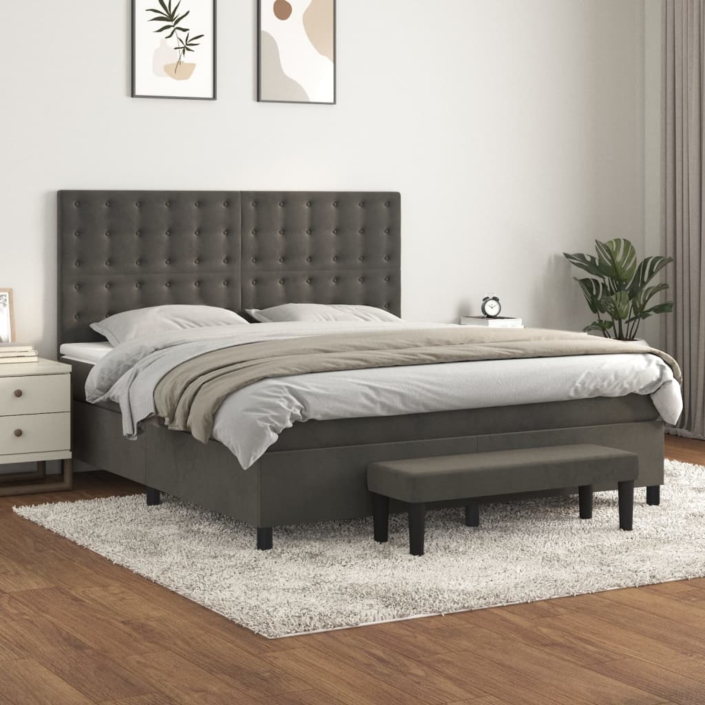 vidaXL Pat box spring cu saltea, gri închis, 180×200 cm, catifea