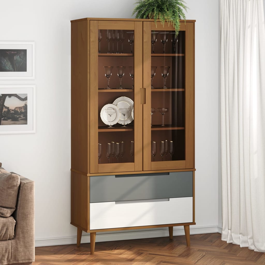 vida XL Vitrinenschrank Molde Braun 90x 35x 175 cm Massivholz Kiefer