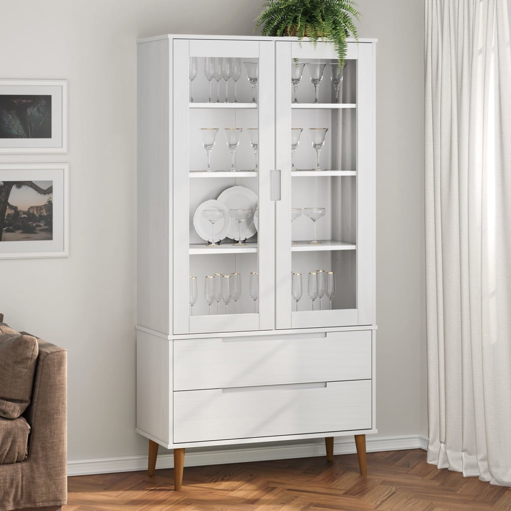 vidaXL Dulap cu vitrină, alb, 90x35x175 cm, lemn masiv de pin