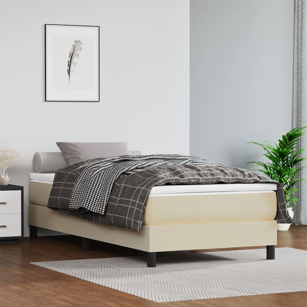 vidaXL Pat box spring cu saltea, crem, 90x200 cm, piele ecologică