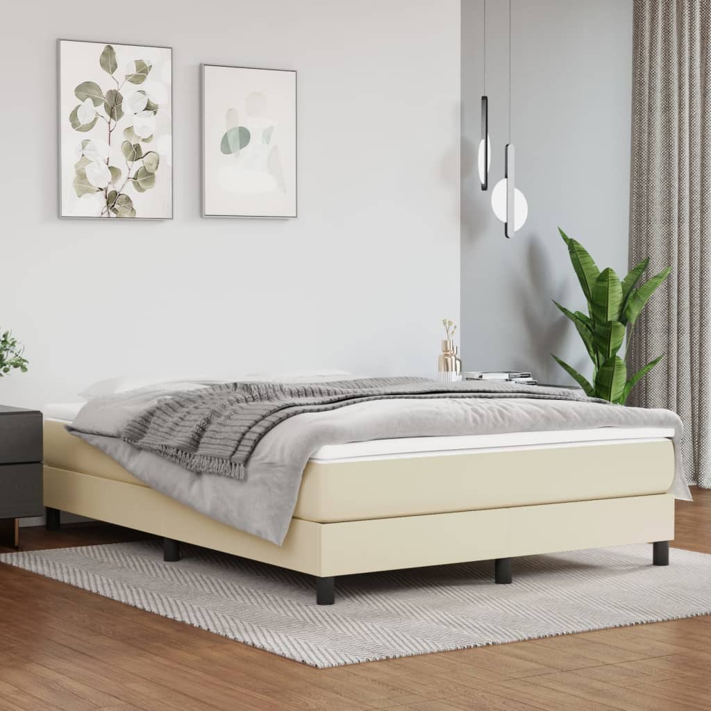 vidaXL Pat box spring cu saltea, crem, 140x190 cm, piele ecologică