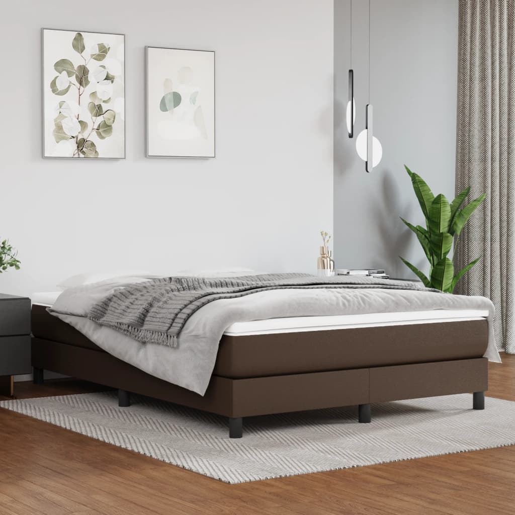 vidaXL Pat box spring cu saltea, maro, 140x200 cm, piele ecologică