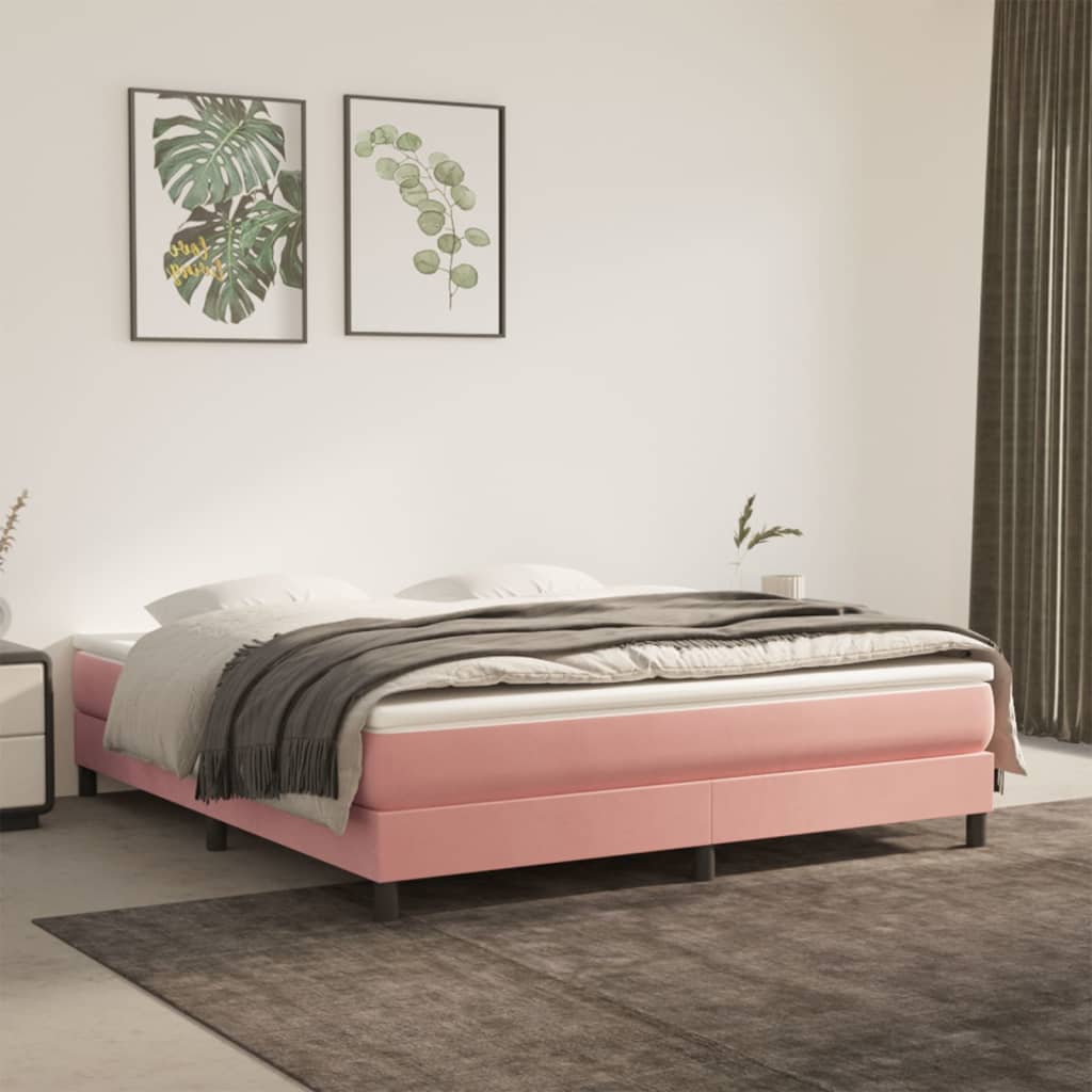 vidaXL Pat box spring cu saltea, roz, 160x200 cm, catifea