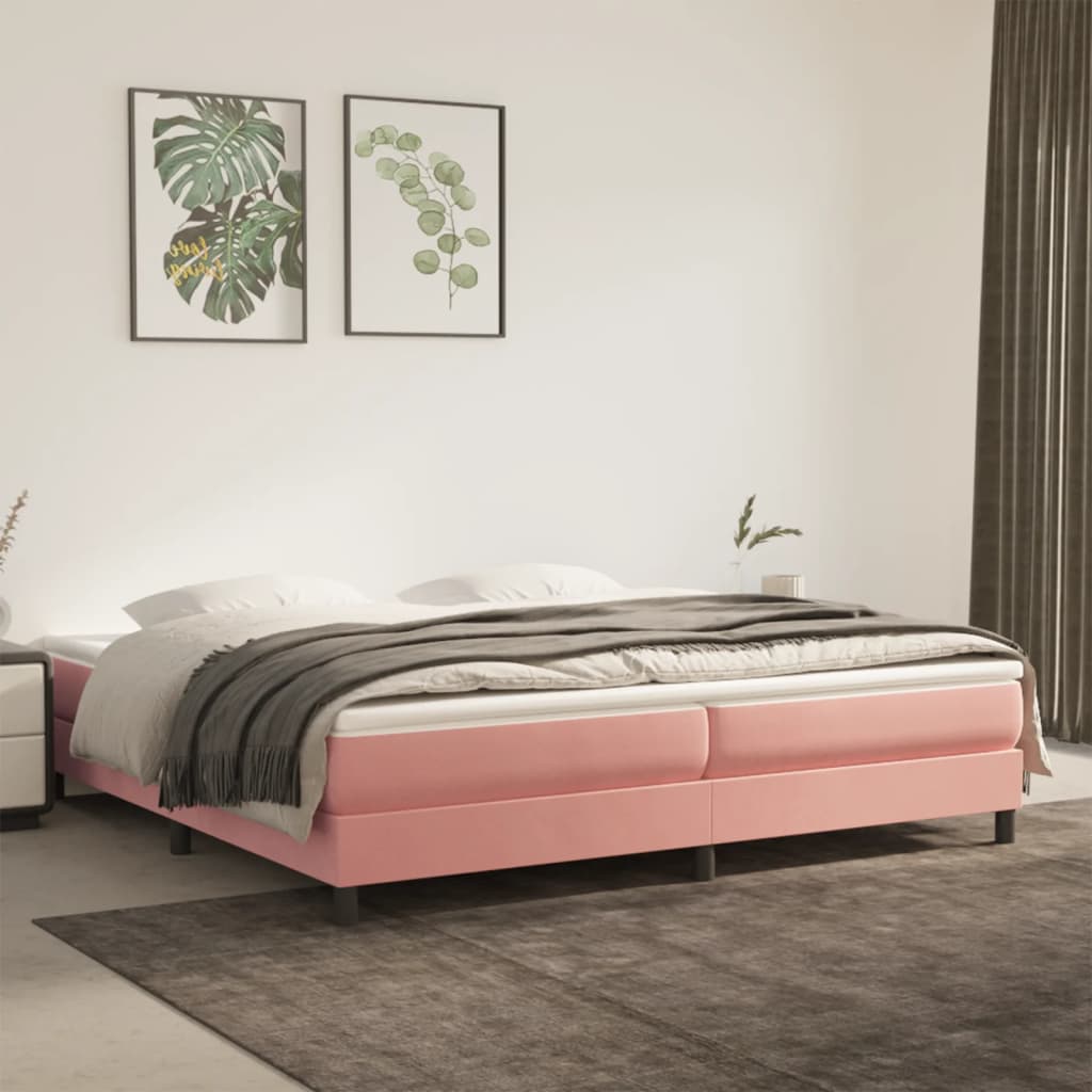 vidaXL Pat box spring cu saltea, roz, 200x200 cm, catifea