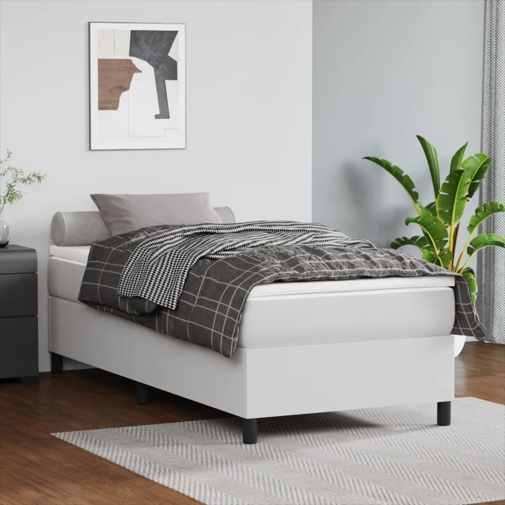 vidaXL Pat box spring cu saltea, alb, 90x190 cm, piele ecologică