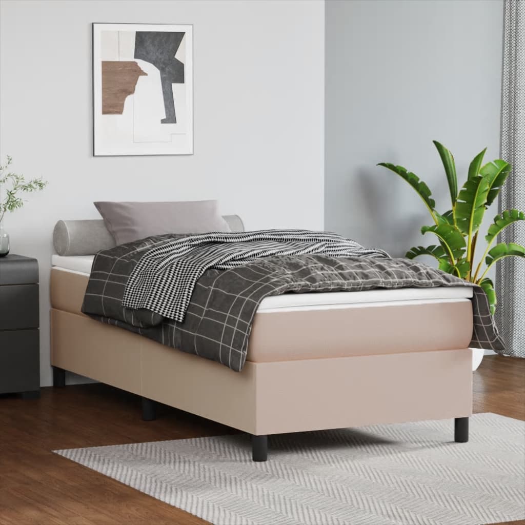 vidaXL Pat box spring cu saltea, cappuccino, 90x190 cm piele ecologică