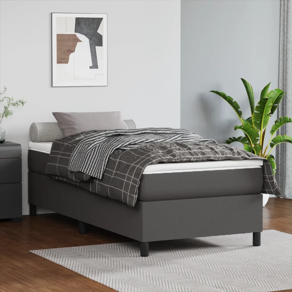 vidaXL Pat box spring cu saltea, gri, 90x200 cm, piele ecologică