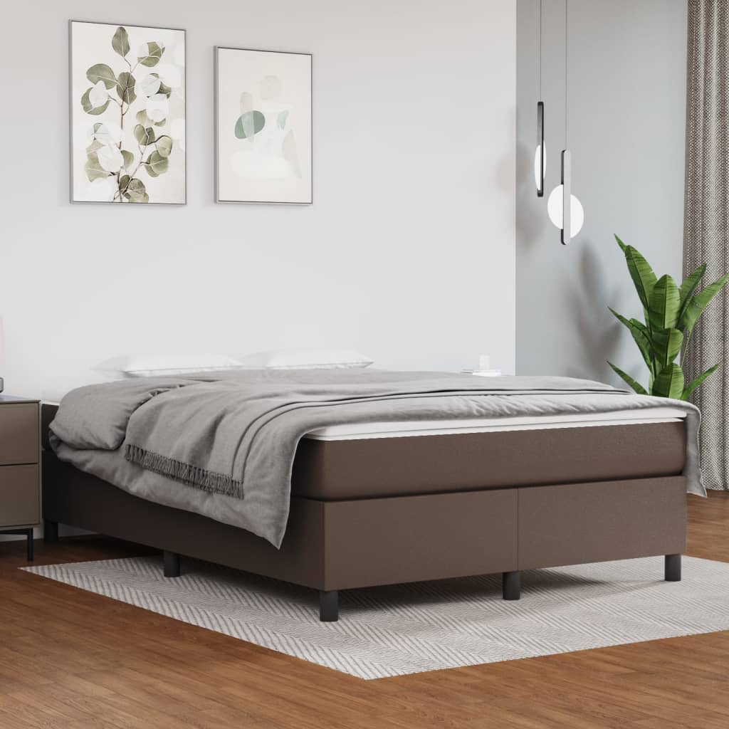 vidaXL Pat box spring cu saltea, maro, 140x190 cm, piele ecologică