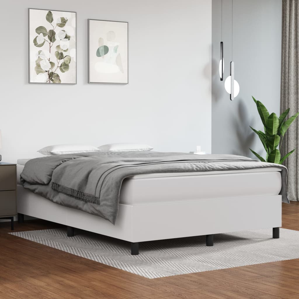 vidaXL Pat box spring cu saltea, alb, 140x200 cm, piele ecologică