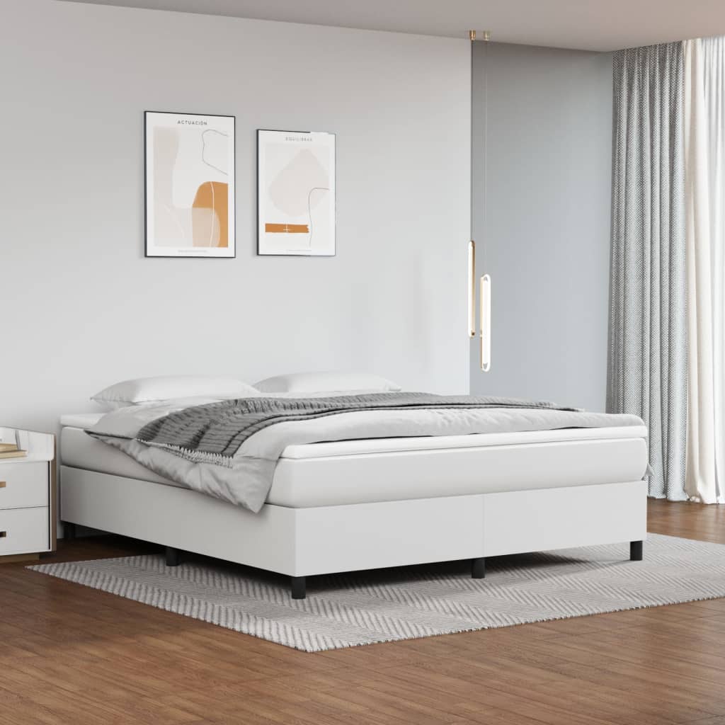 vidaXL Pat box spring cu saltea, alb, 160x200 cm, piele ecologică