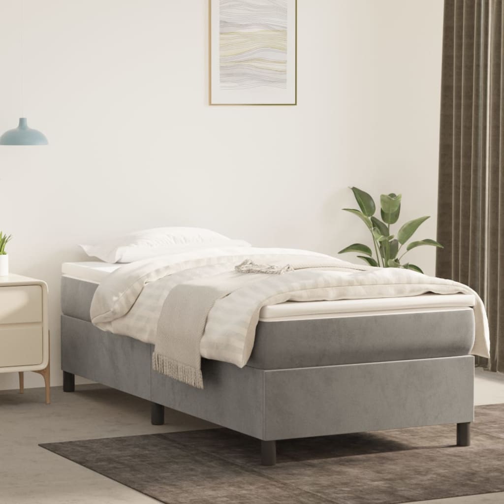Világosszürke bársony rugós ágy matraccal 90x190 cm 