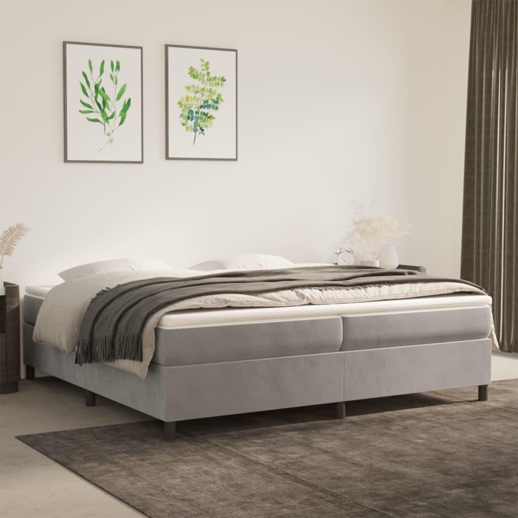 vidaXL Pat box spring cu saltea, gri deschis, 200x200 cm, catifea