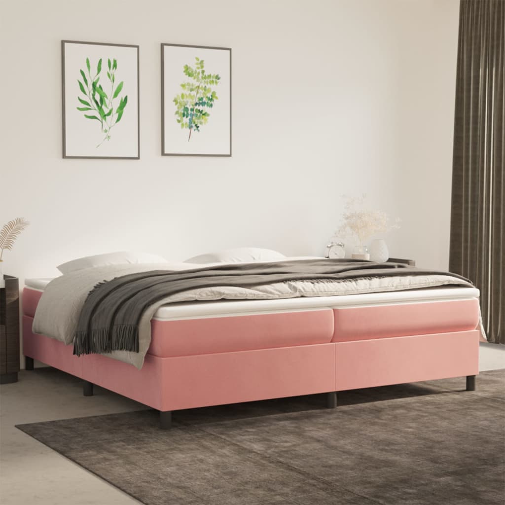 vidaXL Pat box spring cu saltea, roz, 200x200 cm, catifea