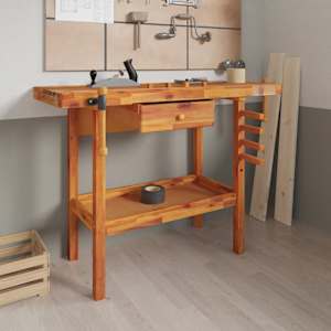 vidaXL t&ouml;&ouml;laud sahtli ja kruustangidega 124 x 52 x 83 cm, t&auml;ispuidust akaatsia