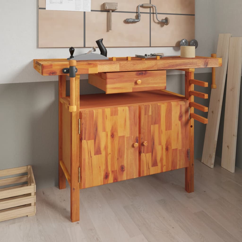 vida XL Werkbank mit Schubladen Schraubstöcken 124x 52x 83 cm Akazienholz