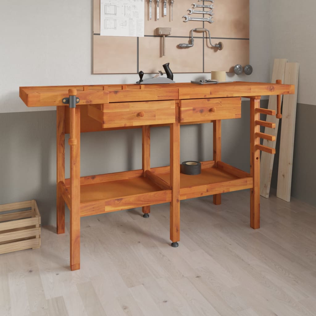 vida XL Werkbank mit Schubladen Schraubstöcken 162x 62x 83 cm Akazienholz