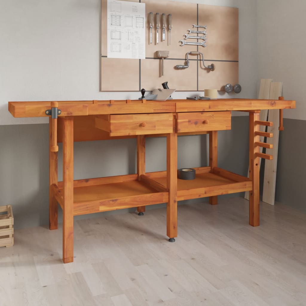vidaXL arbejdsbord m. skuffer + skruestik 192x62x83 cm massivt akacie