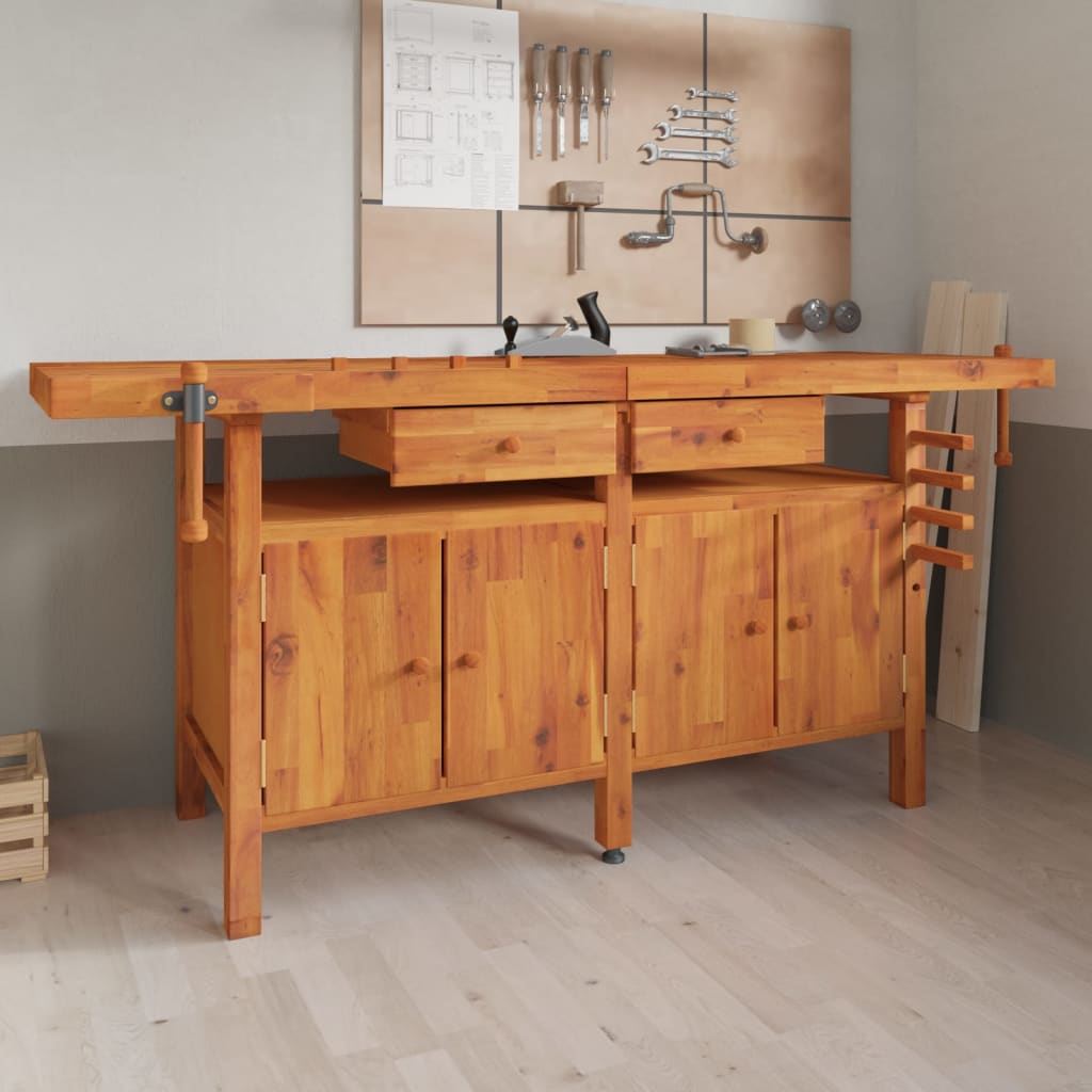 vida XL Werkbank mit Schubladen Schraubstöcken 192x 62x 83 cm Akazienholz