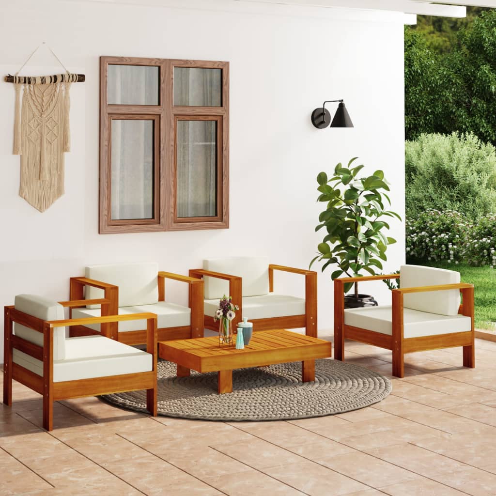 vidaXL Set mobilier grădină cu perne alb crem, 5 piese, lemn masiv