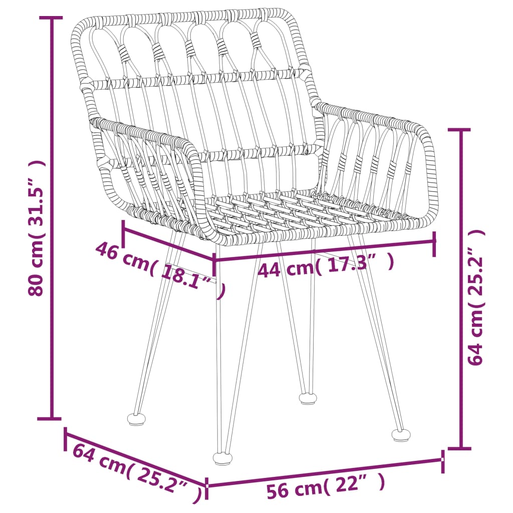 2 db fekete PE rattan karfás kerti szék 56 x 64 x 80 cm