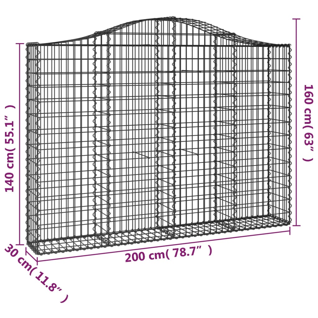 6 db íves horganyzott vas gabion kosár 200x30x140/160 cm