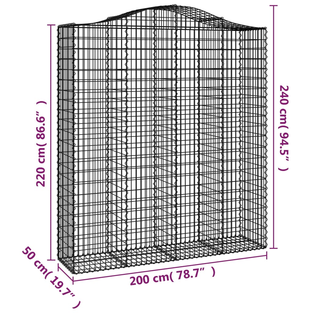 2 db íves horganyzott vas gabion kosár 200x50x220/240 cm