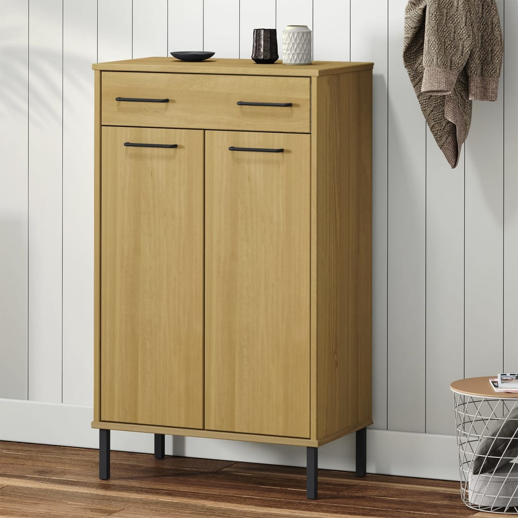 vidaXL Sapateira com pernas de metal OSLO pinho maciço castanho