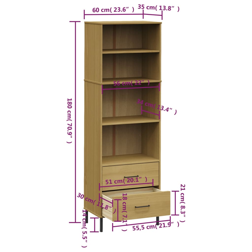 Knihovna se 2 zásuvkami hnědá 60x35x180 cm masivní dřevo OSLO