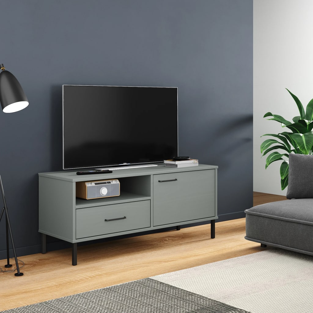 vidaXL tv-bord med metalben OSLO massivt fyrretræ grå