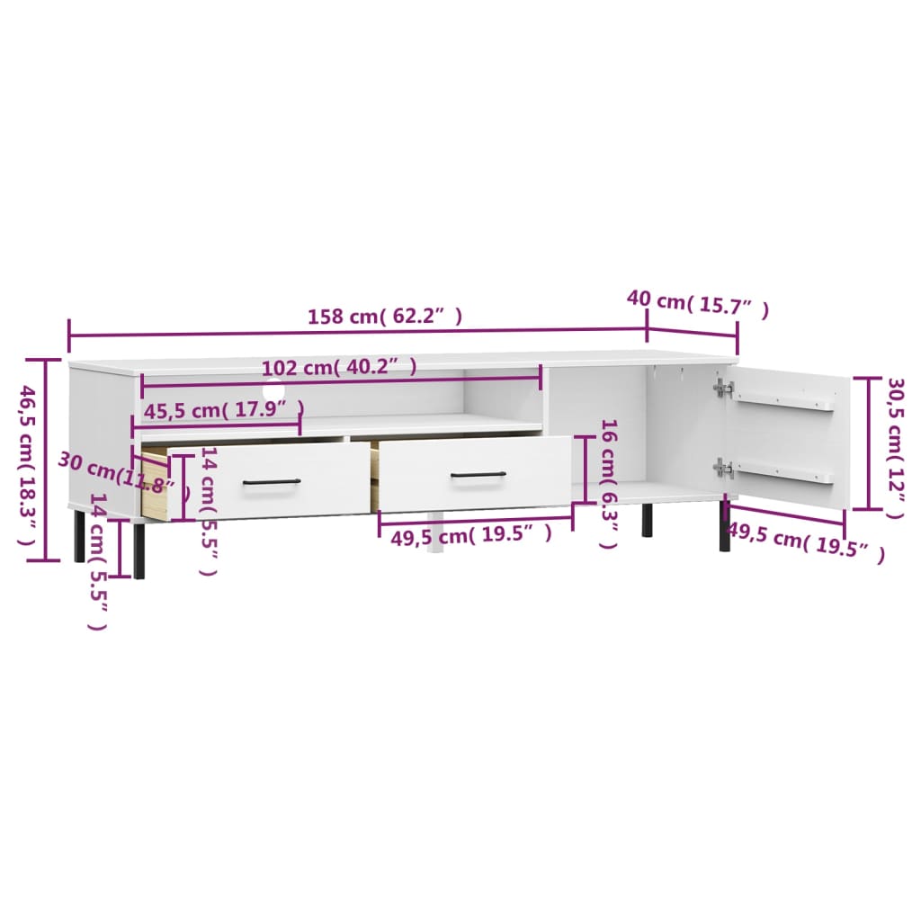 TV Stand TV Console TV Unit with Metal Legs White Solid Wood Pine OSLO vidaXL