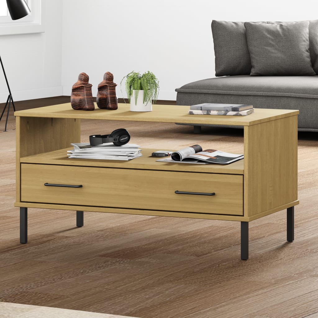 vidaXL sofabord med metalben OSLO 85x50x45 cm massivt træ brun