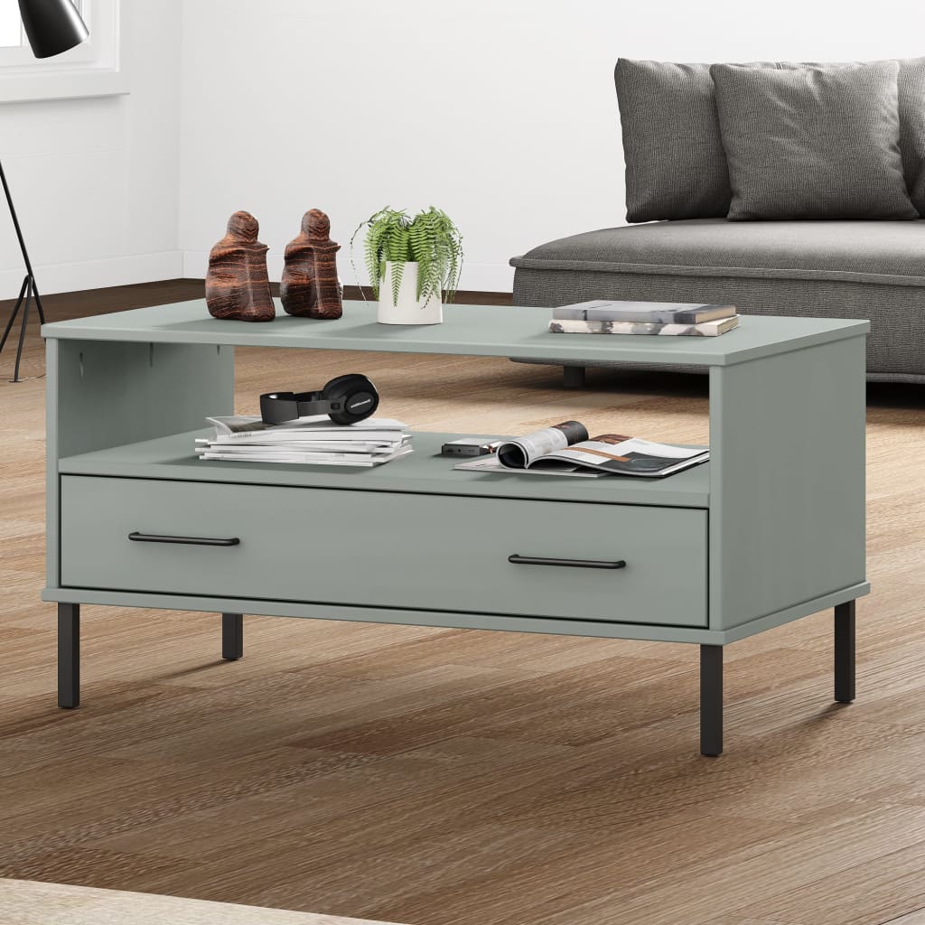 vidaXL sofabord med metalben OSLO 85x50x45 cm massivt træ grå