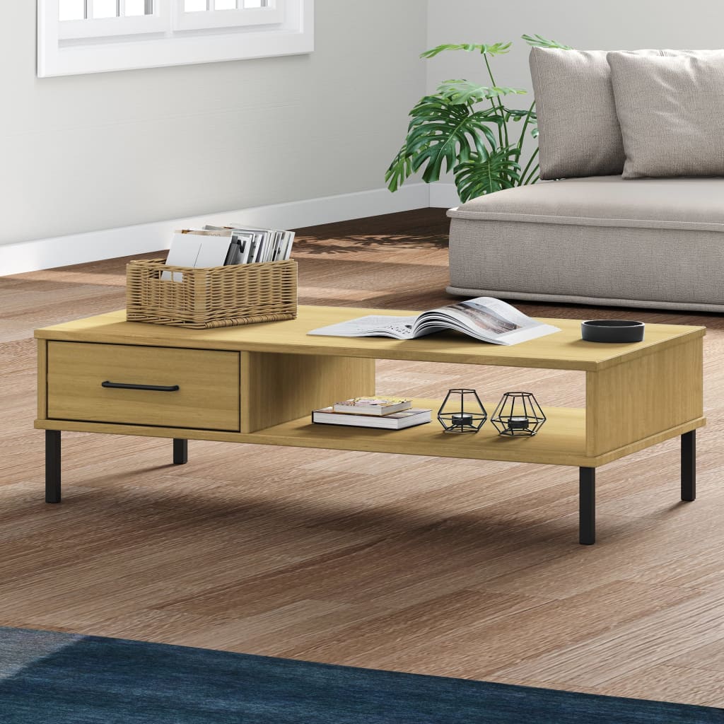 vidaXL sofabord med metalben OSLO massivt fyrretræ brun