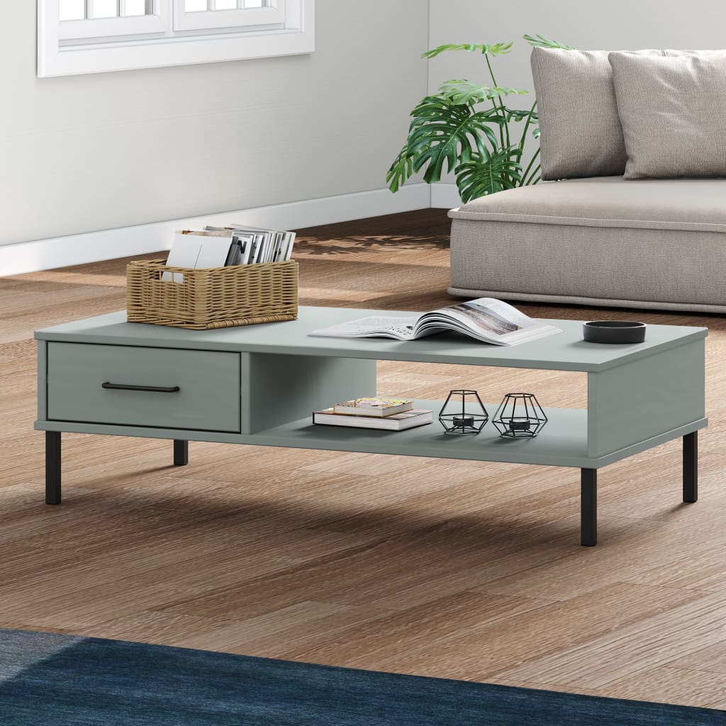 vidaXL sofabord med metalben OSLO massivt fyrretræ grå