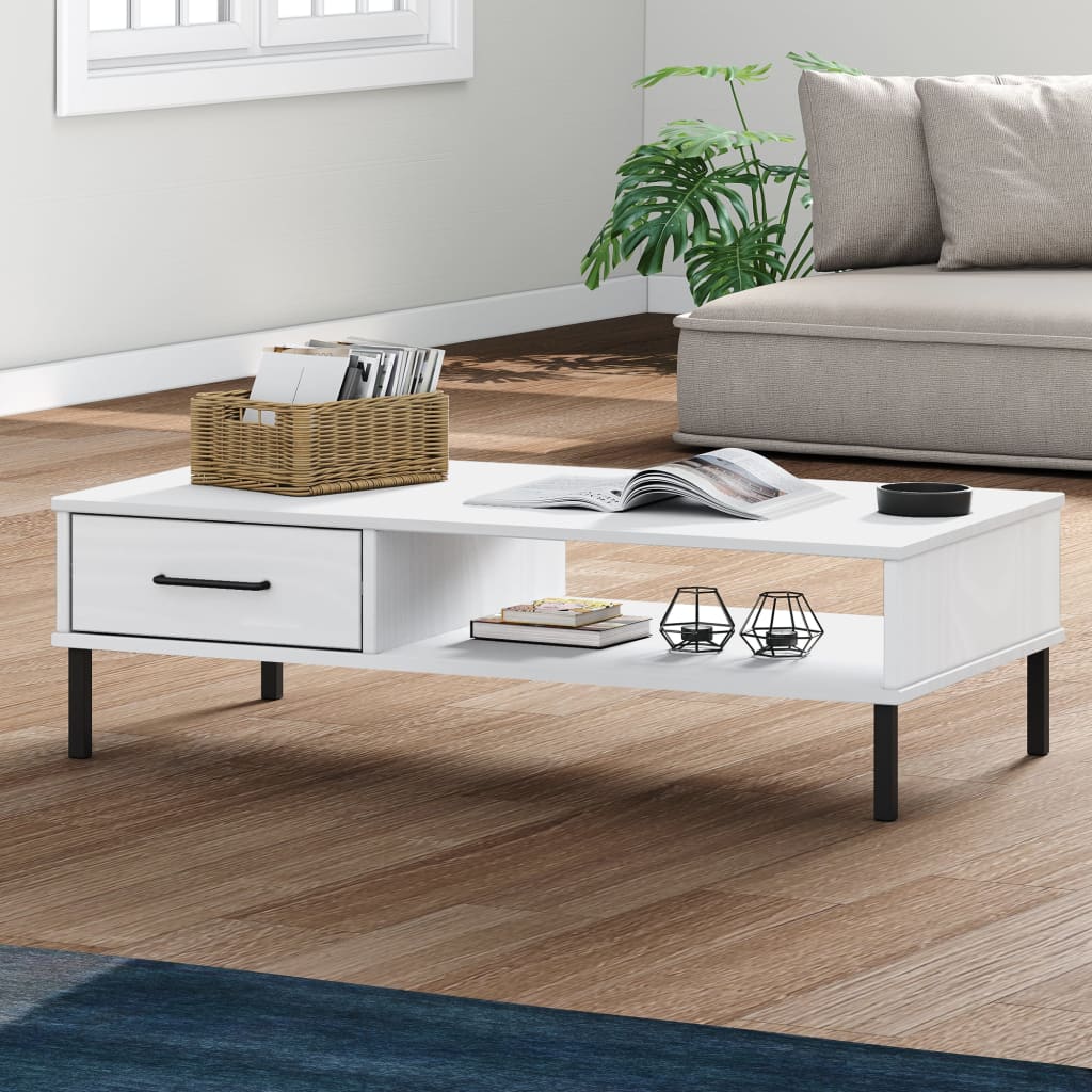 vidaXL sofabord med metalben OSLO massivt fyrretræ hvid