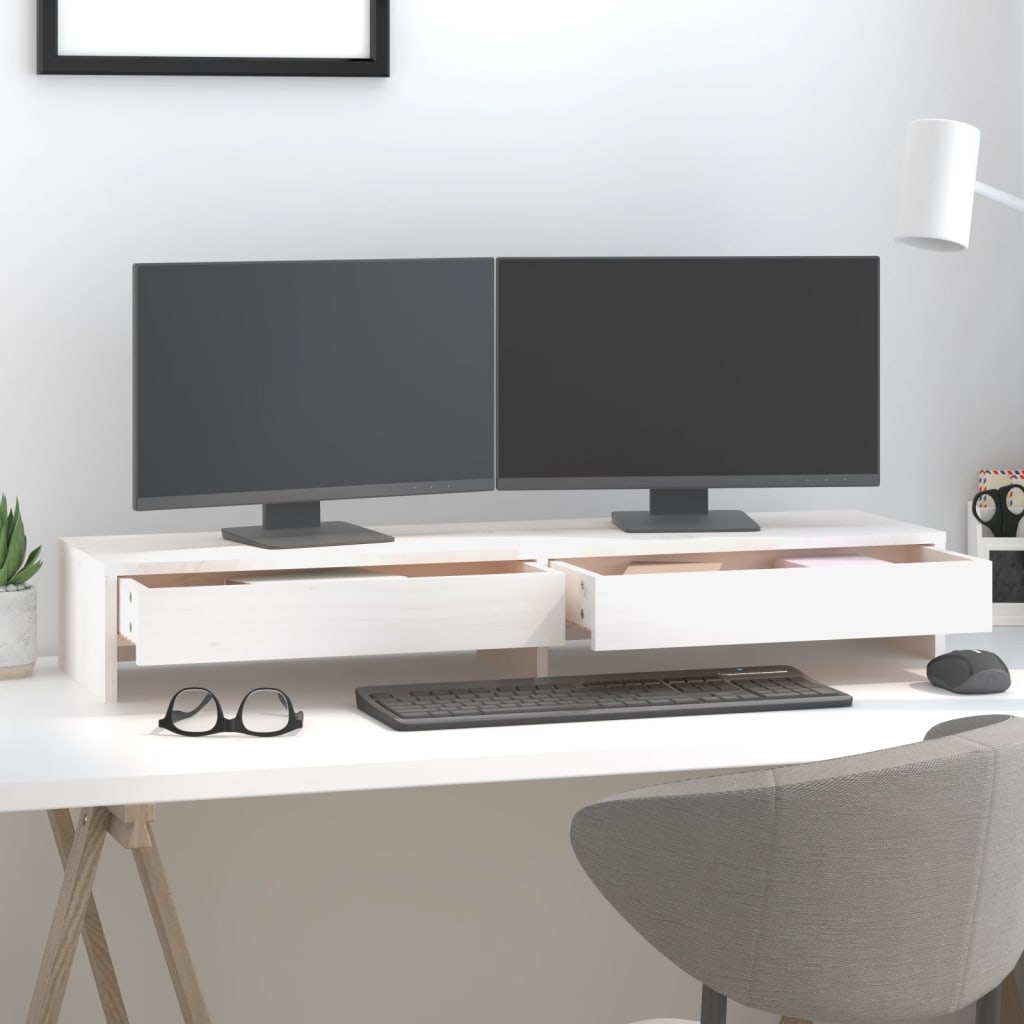vidaXL Monitorstandaard 100x27x15 cm massief grenenhout wit afbeelding