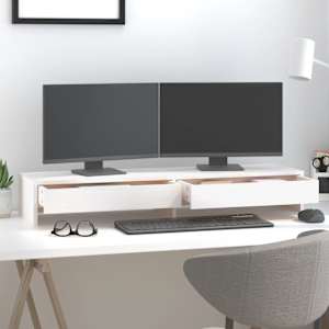 Stojan na monitor bílý 100 x 27 x 15 cm masivní borové dřevo - obrázek 3