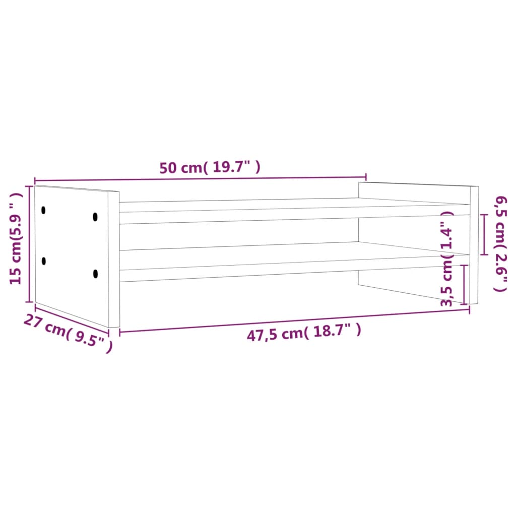 Fehér tömör fenyőfa monitorállvány 50x27x15 cm 