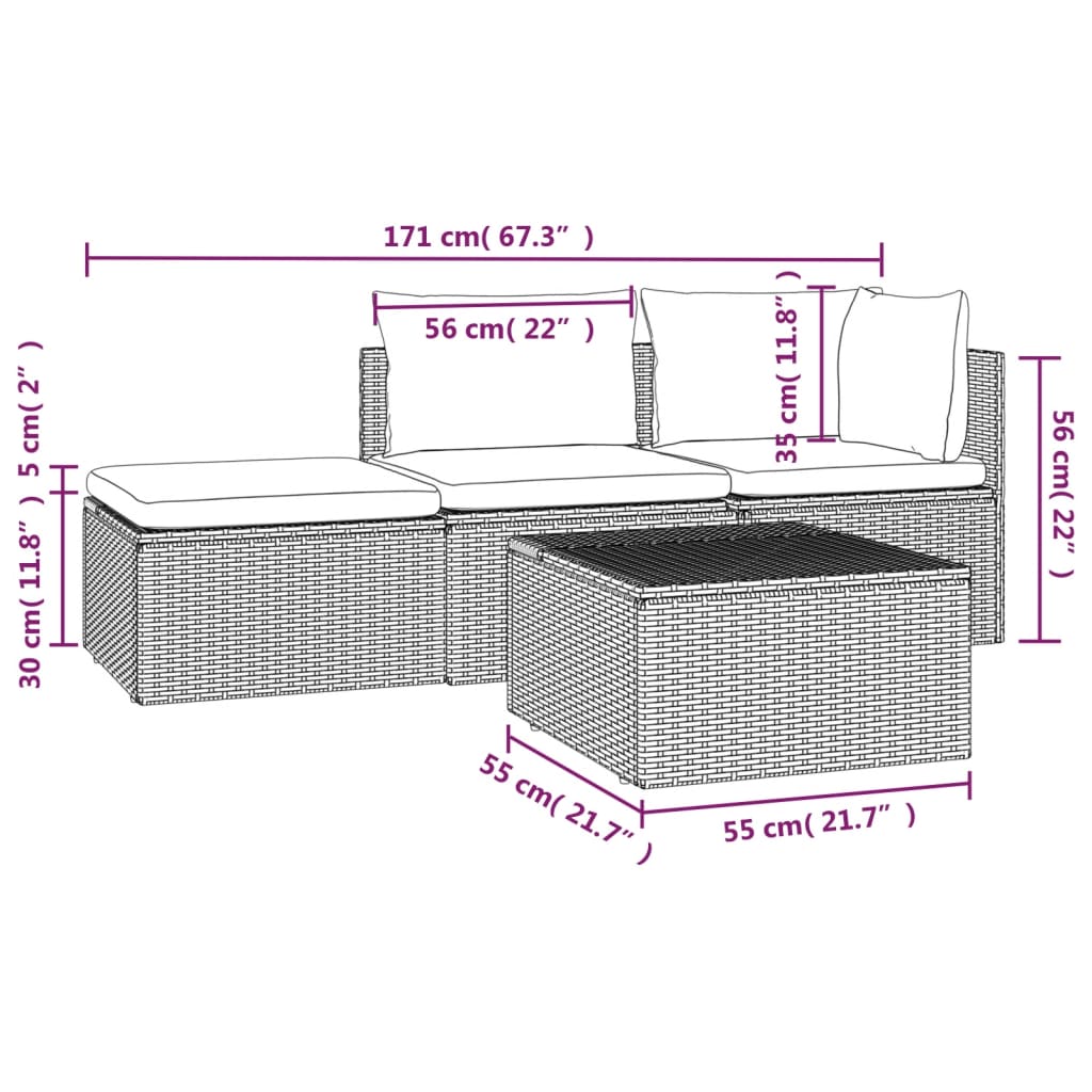 Set mobilier de grădină cu perne, 4 piese, gri, poliratan