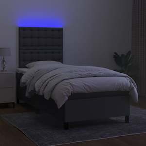 vidaXL Box Spring Bed with Mattress&LED Dark Grey 106x203 cm King Single Size Fabric