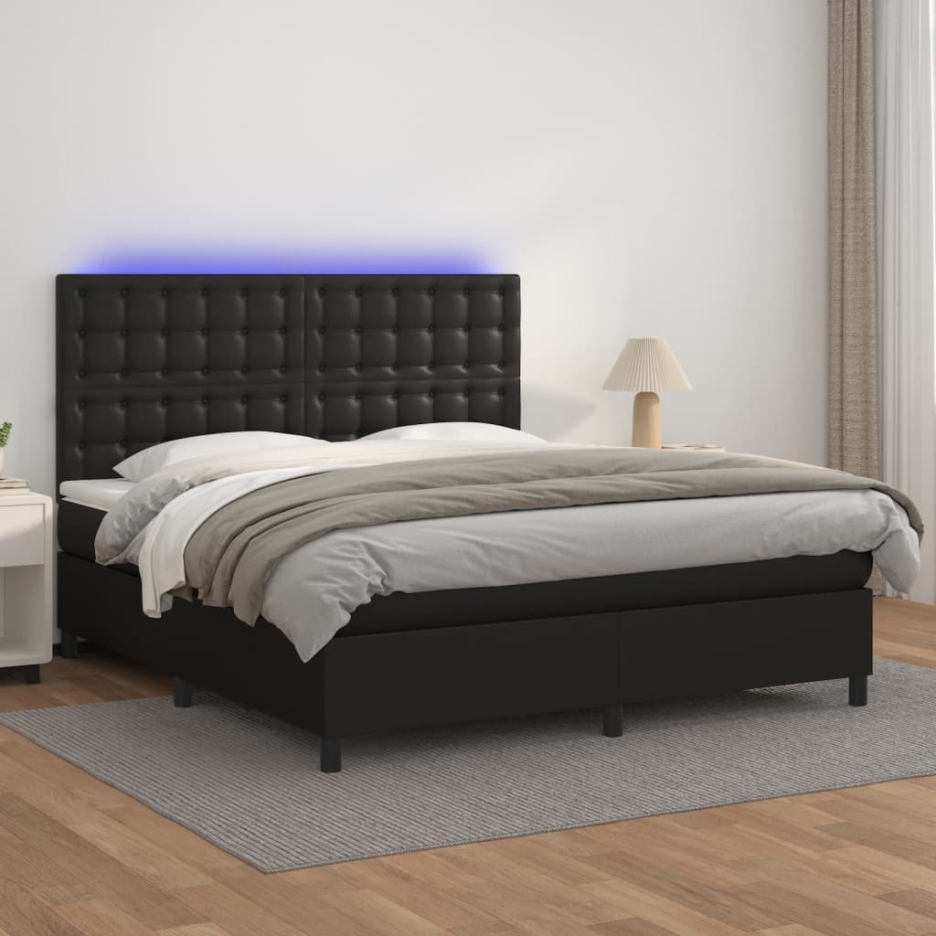 vidaXL Box Spring Bed with Mattress&LED Black 152×203 cm Queen Faux Leather